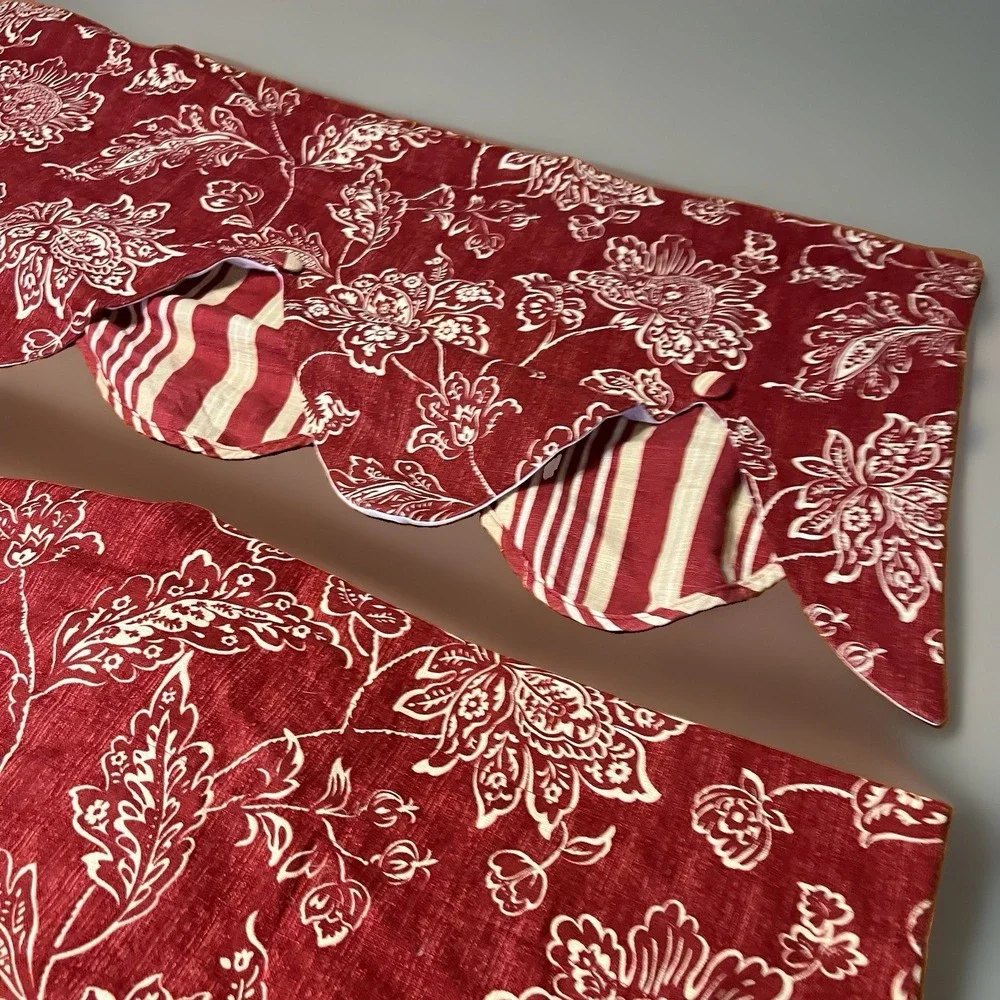 2 VTG Floral Window Valance Red White Stripe Double Layer Scalloped 52